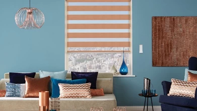 A day night roller blind in a funky lounge area