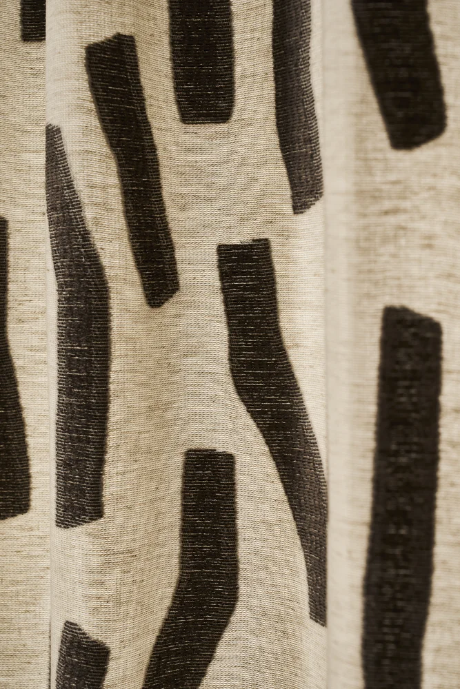 Curtains 9 Close-up of Isara curtain fabric in a natural linen with charcoal brushstroke pattern - Melksham Blinds